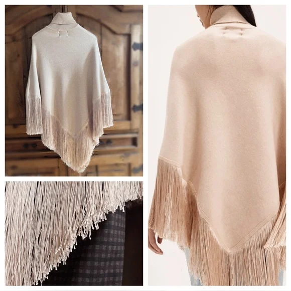 Free People Fringy Poncho S NWT Tan CreamLuxe Boho Winter Layer